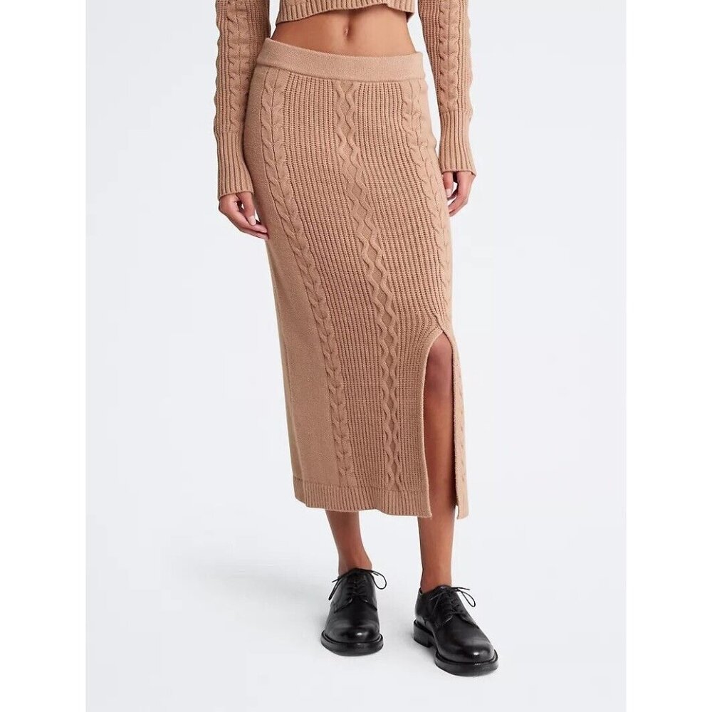 Calvin Klein Jeans Beige Women's Size Small Cable-Knit Pull-On Midi Skirt NWOT